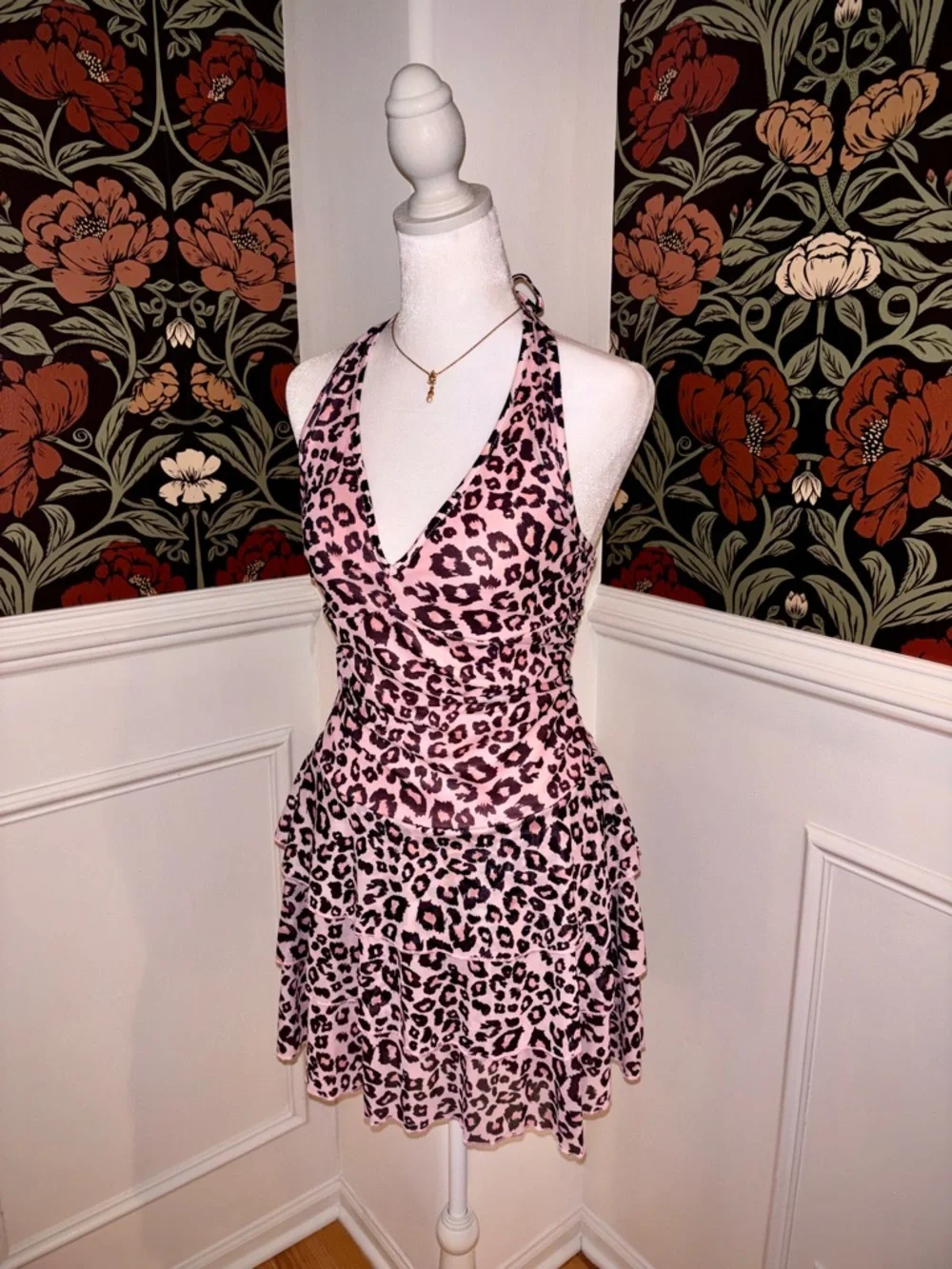 Pink Leopard ๐ Mesh Ruffle Skirt Halter Dress - Picture 1 of 5